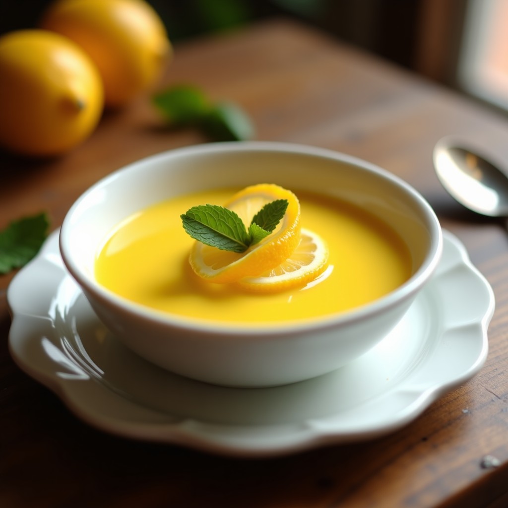 Crema pastelera vegana de citron en cuenco de porcelana blanca, textura sedosa y brillante, decorada con rodajas finas de citron confitado y hojas de menta.