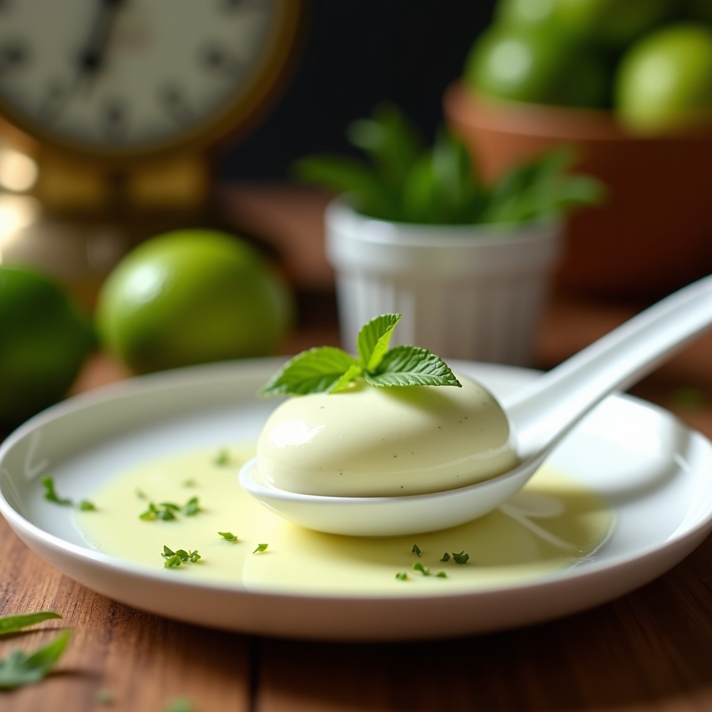Cuchara de porcelana blanca con crema pastelera de citronella y lima, textura sedosa y color crema pálido, decorada con ralladura de lima y hojas de citronella fresca sobre fondo rústico de madera.