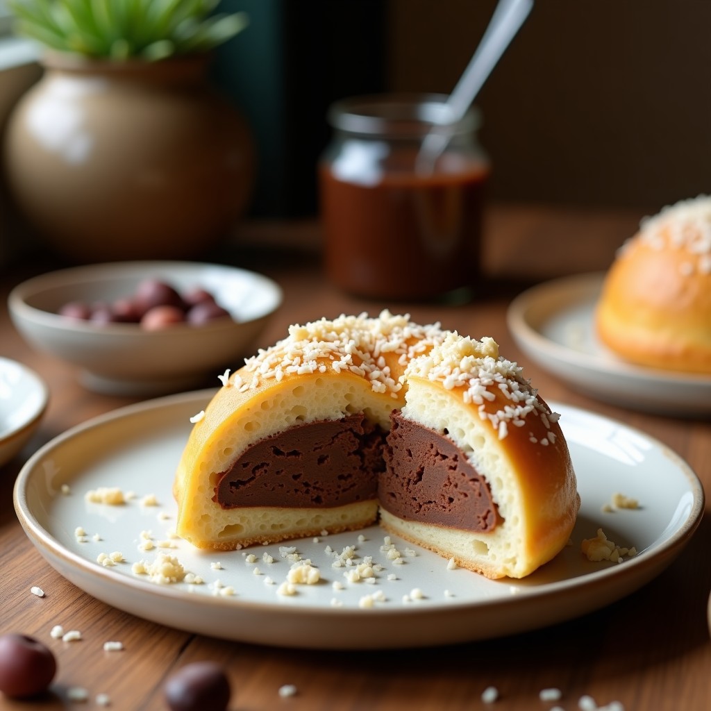 Cuenco blanco con crema pastelera de coco y chocolate sin huevos, espesa y brillante, decorada con virutas de chocolate negro y coco rallado, sobre fondo rústico de madera.