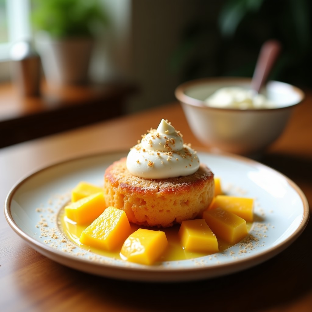 Cuchara de cerámica blanca con crema pastelera de coco y mango en airfryer, textura sedosa, decorada con virutas de coco tostado y trozos de mango fresco sobre fondo rústico de madera.