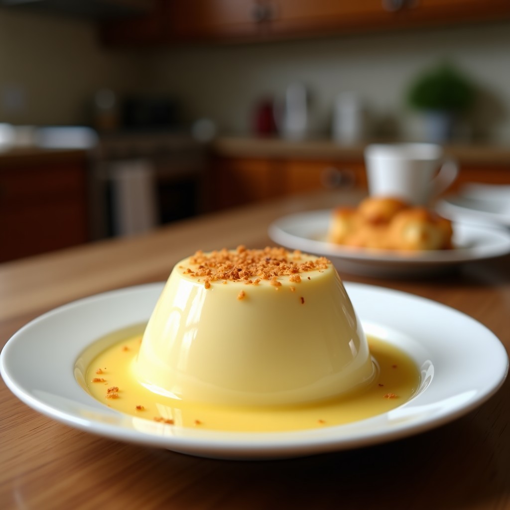 Bol de cristal transparente con crema pastelera de coco y vainilla, textura sedosa y brillante, espolvoreada con coco rallado tostado sobre fondo blanco rústico.