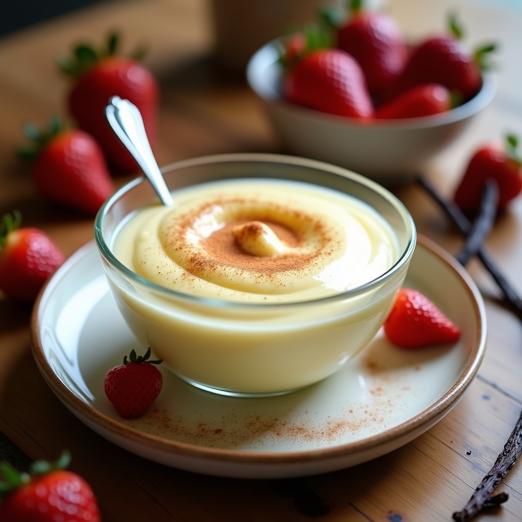 Bol de cristal transparente con crema pastelera ligera sin azúcar de color amarillo claro, espolvoreada con canela y acompañada de fresas frescas y una cuchara de plata.