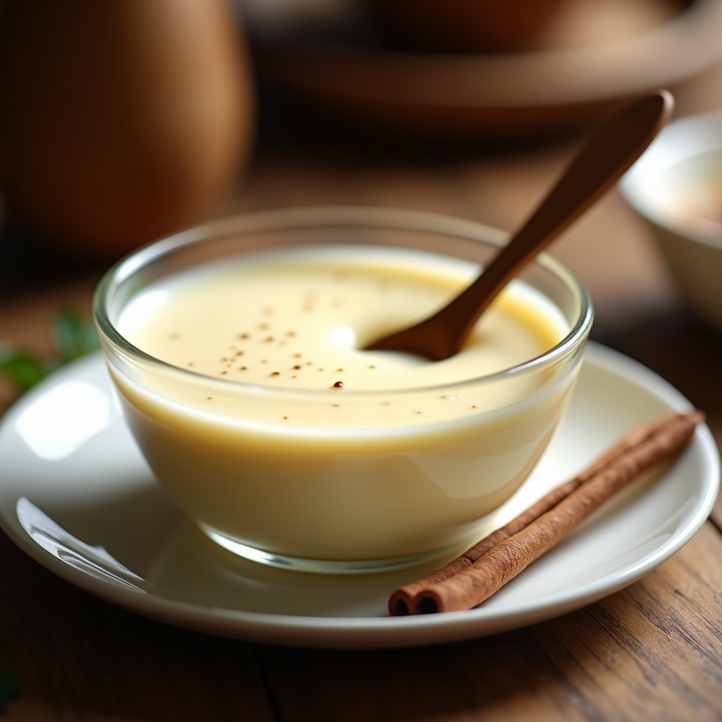 Bol de cristal con crema pastelera ligera de vainilla, suave y brillante, acompañada de una cuchara de madera y una rama de vainilla al lado.