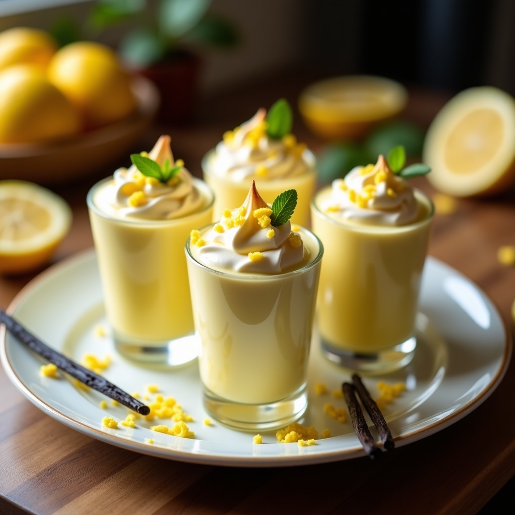 Copas de cristal transparente con crema pastelera de limón merengada, decoradas con cáscara de limón rallada y merengue tostado.