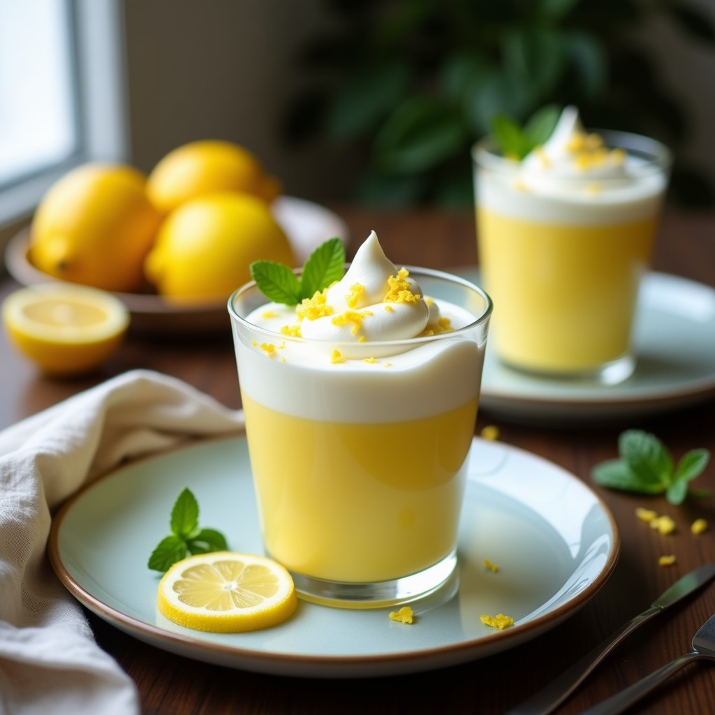 Copa de cristal transparente con capas de crema pastelera de limón amarilla y merengue vegano blanco, decorada con ralladura de limón y hojas de menta, sobre fondo rústico de madera.