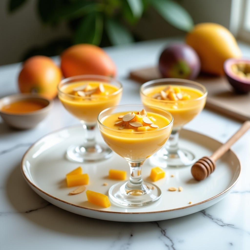 Copas de cristal transparente con crema pastelera de mango y maracuyá, decorada con trozos de mango fresco y almendras fileteadas, sobre fondo blanco.
