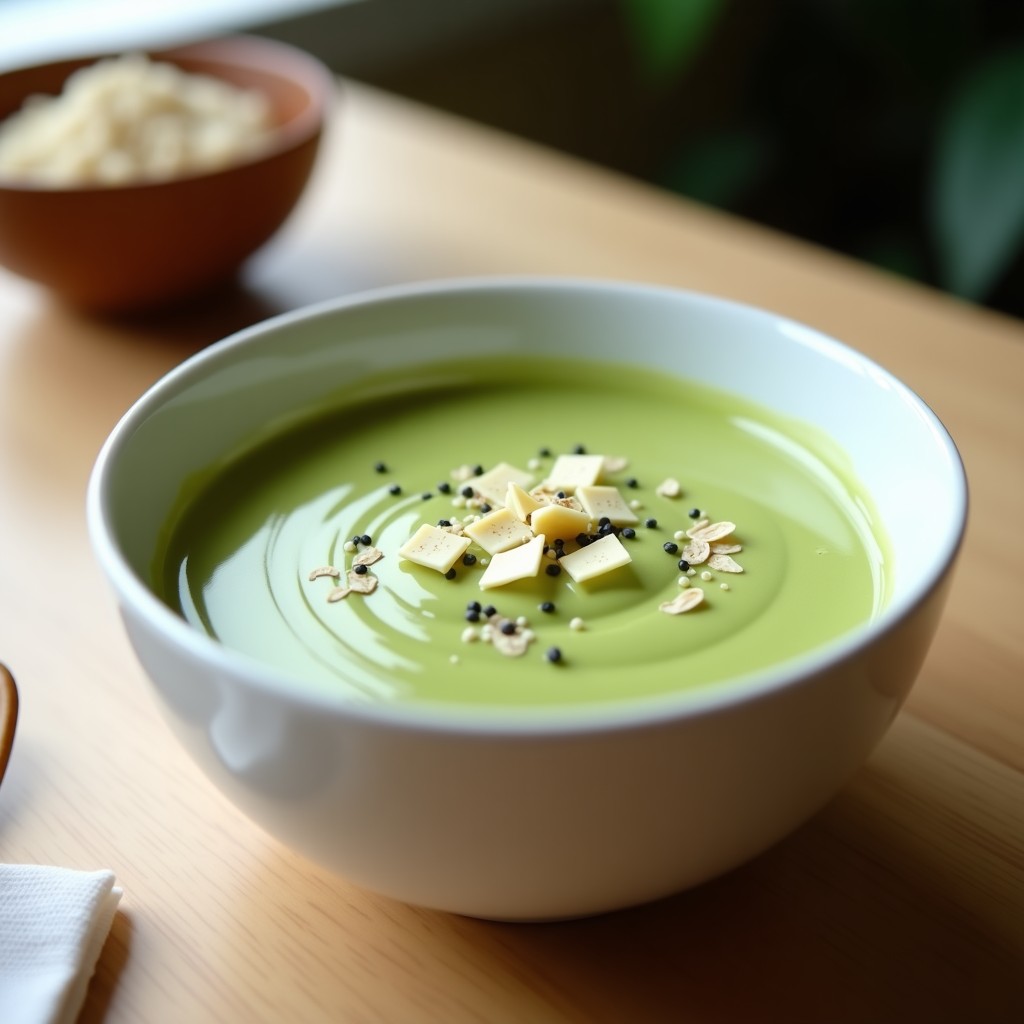 Cuenco blanco con crema pastelera de matcha y avena, color verde intenso, decorada con virutas de chocolate blanco y semillas de sésamo negro sobre fondo de madera clara.