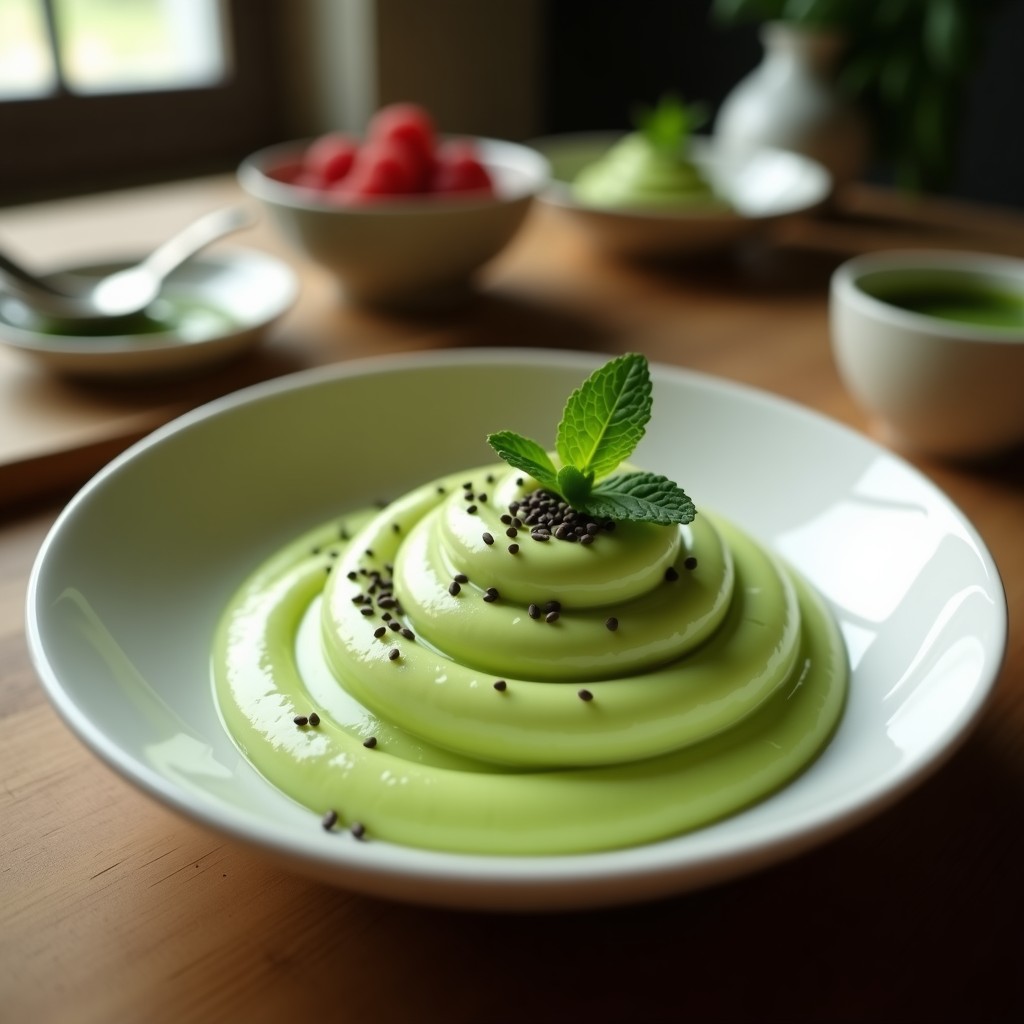 Cuenco de porcelana blanca con crema pastelera de matcha cetogénica, color verde esmeralda intenso, textura sedosa y brillante, decorada con semillas de sésamo negro y hojas de menta fresca.