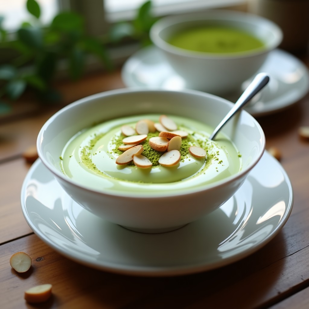 Crema pastelera de matcha y chocolate blanco en un bol de porcelana blanca, con vetas verdes y blancas bien integradas, decorada con almendras fileteadas y un polvo de matcha espolvoreado.