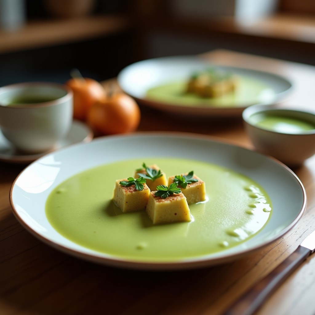 Crema pastelera vegana de color verde esmeralda intensa, servida en un bol de porcelana blanca con coco rallado espolvoreado y una cucharita de plata, receta de matcha y coco.