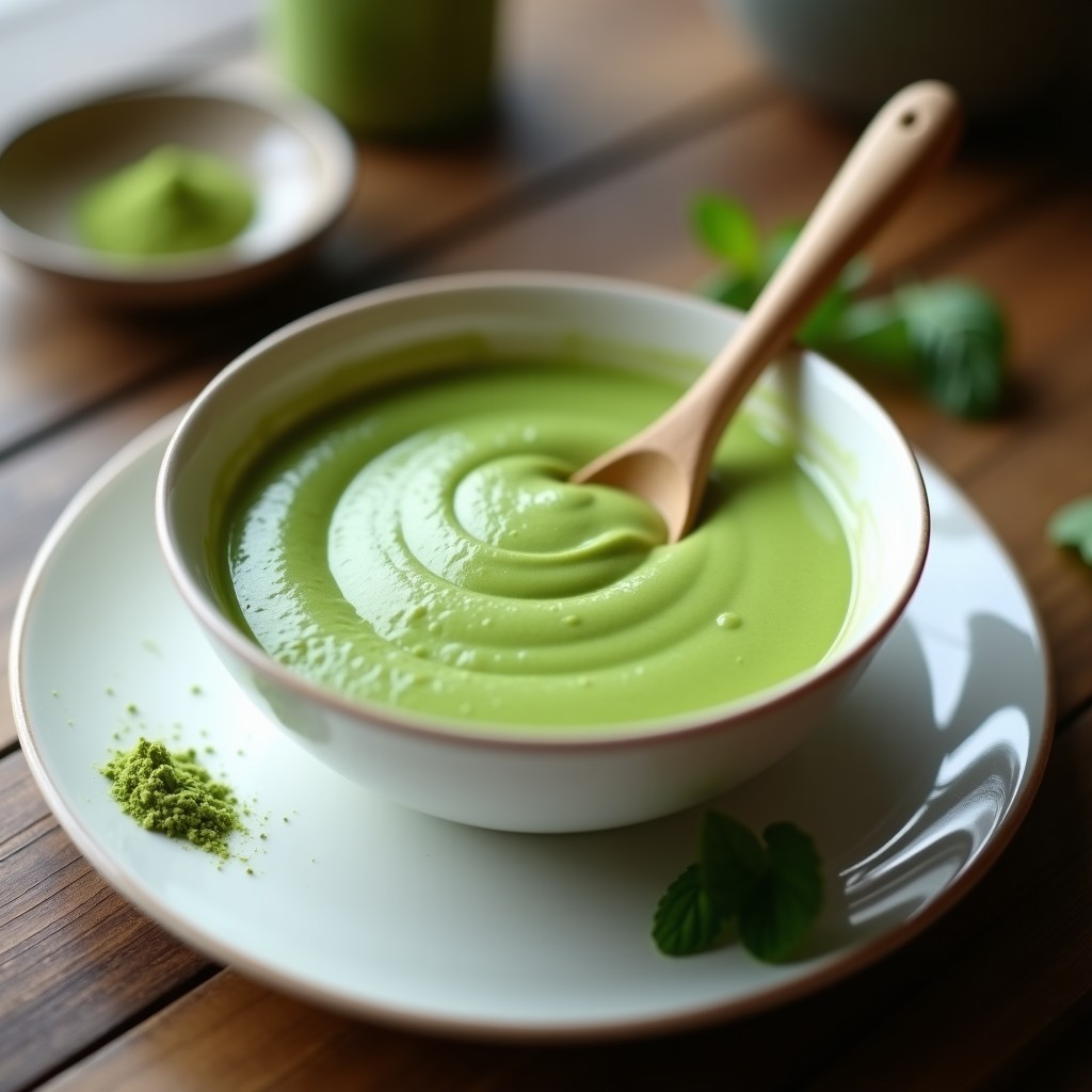 Cuenco de porcelana blanca con crema pastelera de matcha de color verde vibrante, textura sedosa y brillos naturales, acompañada de una cuchara de madera y hojas de matcha en polvo esparcidas sobre una mesa de madera rústica, receta sin azúcar alta en proteína.