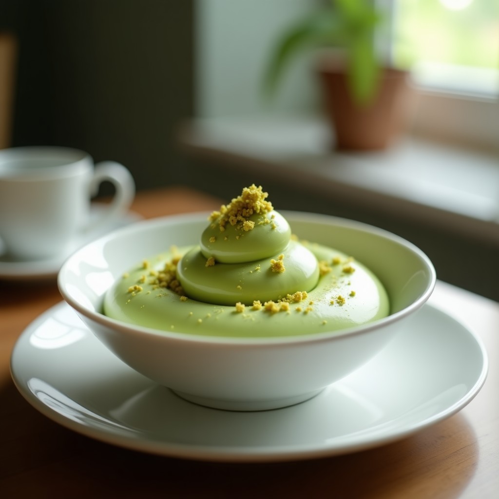 Cuenco de porcelana blanca con crema pastelera de matcha y pistacho, textura sedosa y color verde suave, decorada con virutas de pistacho y polvo de matcha, sobre fondo de madera rústica.