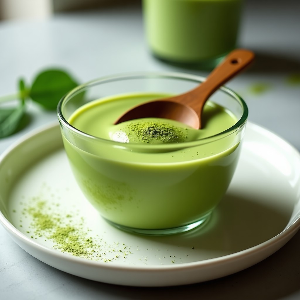 Bol de cristal con crema pastelera de matcha proteica de color verde vibrante, servida con una cuchara de madera y espolvoreada con matcha en polvo. Fondo minimalista con hojas de té.
