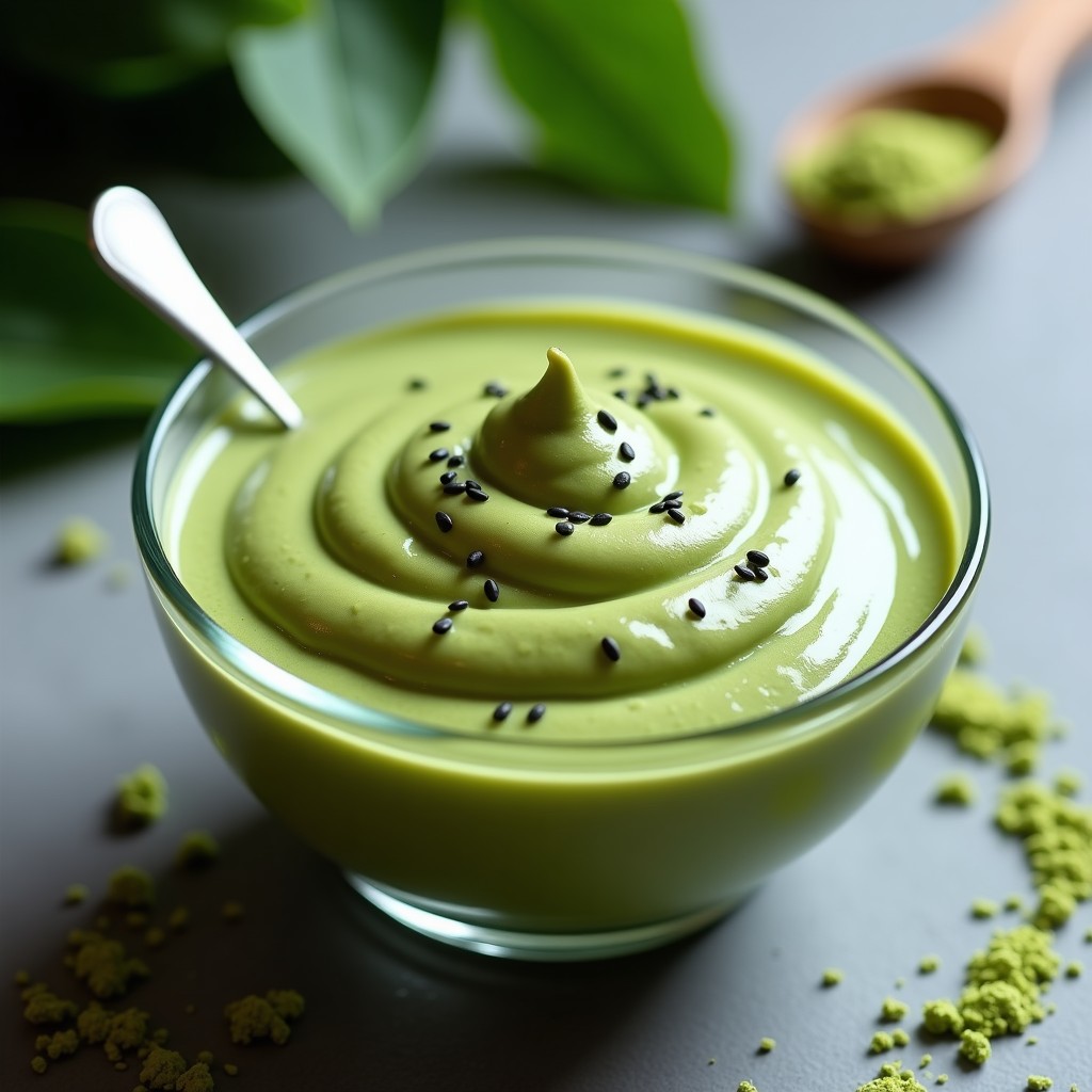 Bol de cristal transparente con crema pastelera de matcha proteica, color verde vibrante, textura suave y brillante, decorada con semillas de sésamo negro y una cucharita de plata. Fondo con hojas de té verde y polvo de matcha esparcido.