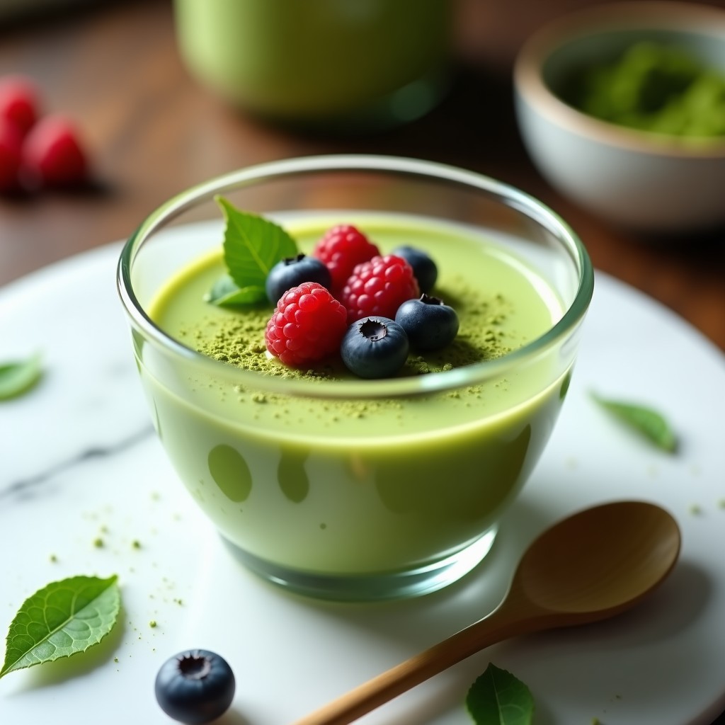 Tazón de cristal transparente con crema pastelera de matcha proteica de color verde intenso, decorada con espolvoreado de matcha y frutos rojos, sobre fondo blanco.