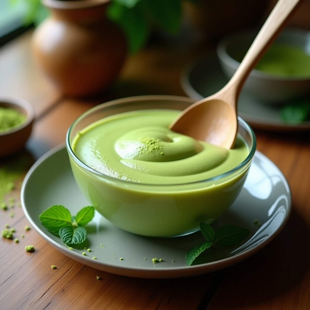 Bol de cristal con crema pastelera de matcha sin lactosa, de color verde vibrante y textura sedosa, acompañada de una cuchara de madera y hojas de matcha esparcidas sobre una mesa de madera rústica.