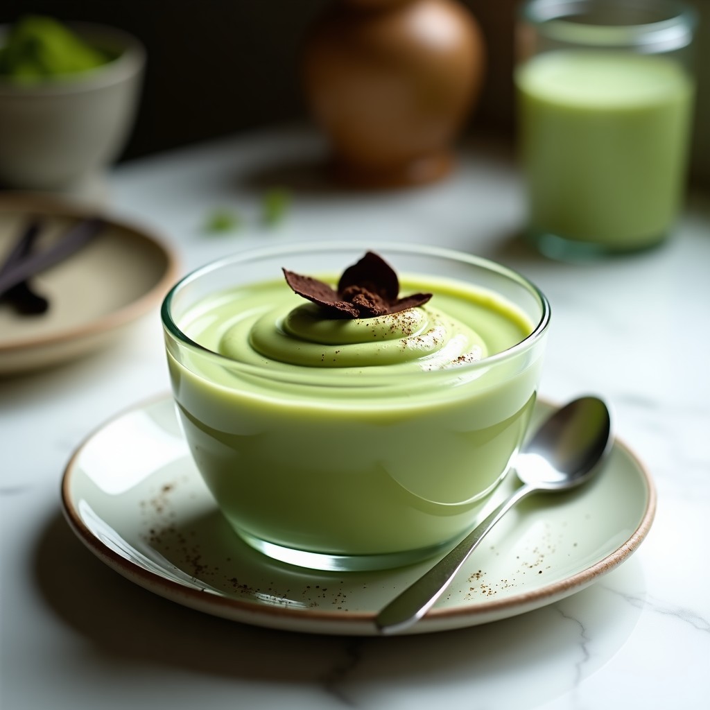Bol transparente con crema pastelera de matcha y vainilla sin azúcar, textura sedosa y color verde claro, decorada con virutas de chocolate negro sobre fondo blanco.