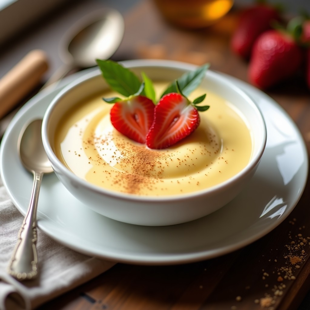 Tazón de porcelana blanca con crema pastelera probiótica de color crema, decorada con canela espolvoreada y rodajas de fresa, sobre fondo rústico de madera.