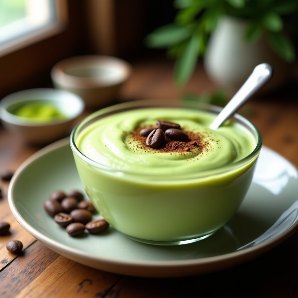 Bol de cristal transparente con crema pastelera proteica de café y matcha, textura sedosa y color verde pálido con vetas marrones, decorada con una pizca de matcha y granos de café.