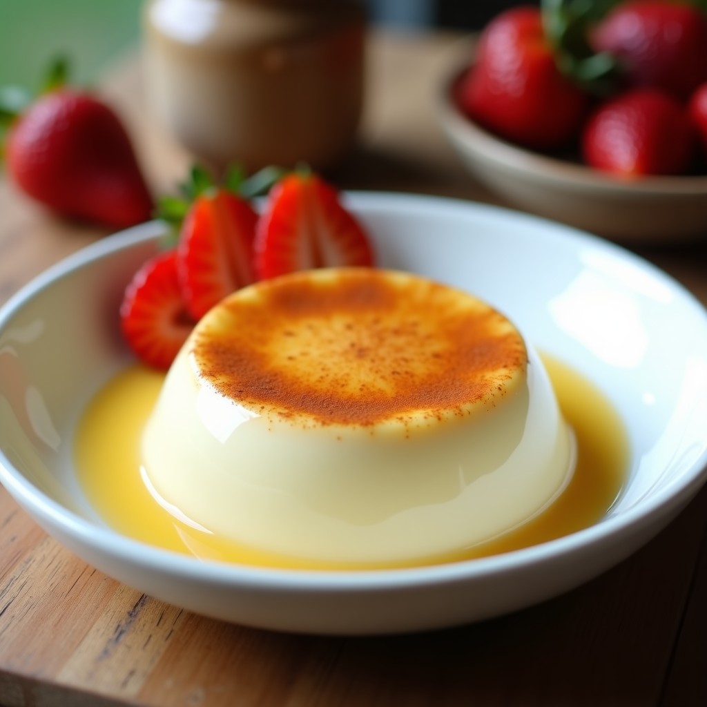 Cuenco de porcelana blanca con crema pastelera proteica sin azúcar, textura sedosa y color crema claro, decorada con una pizca de canela y rodajas de fresa fresca.