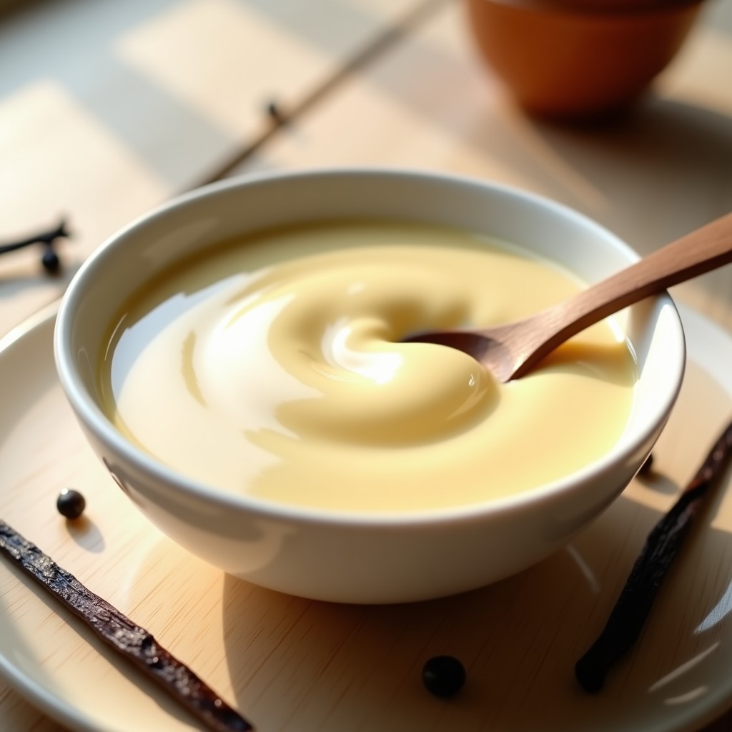 Cuenco de porcelana blanca con crema pastelera proteica de vainilla, textura sedosa y brillante, acompañada de una cuchara de madera y semillas de vainilla alrededor. Postre fitness alto en proteína.