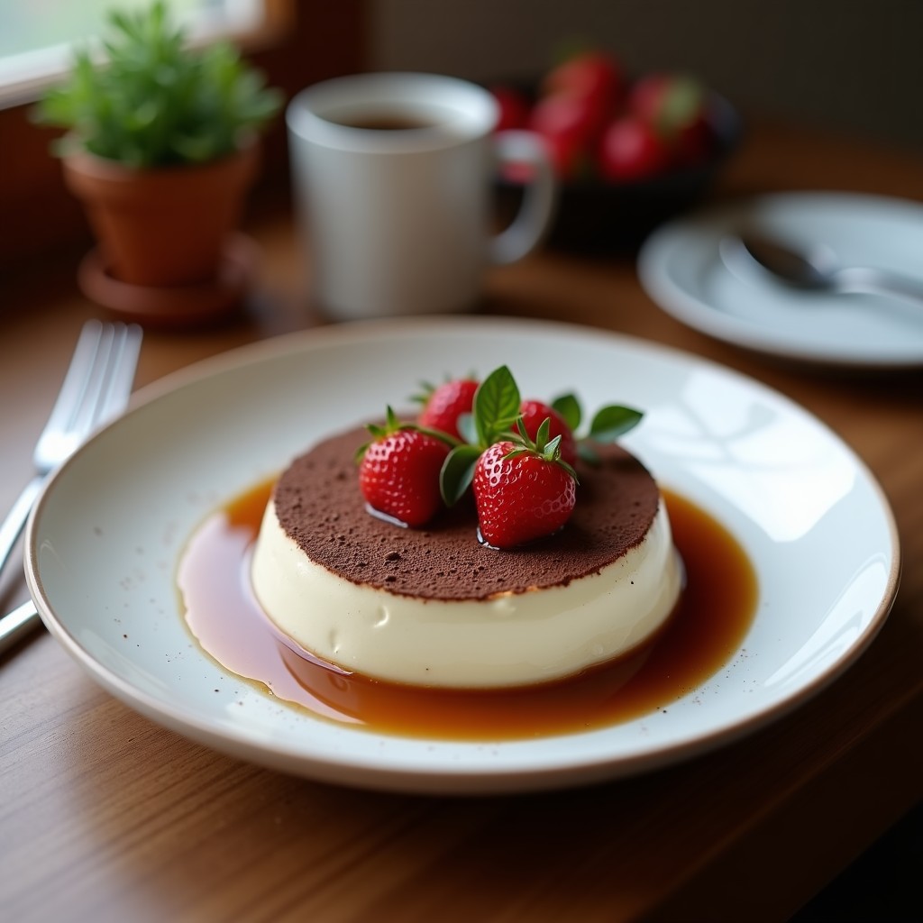 Cuchara de postre con crema pastelera proteinada de cacao puro, textura sedosa y color chocolate intenso, servida en un bol de porcelana blanca sobre fondo rústico de madera.
