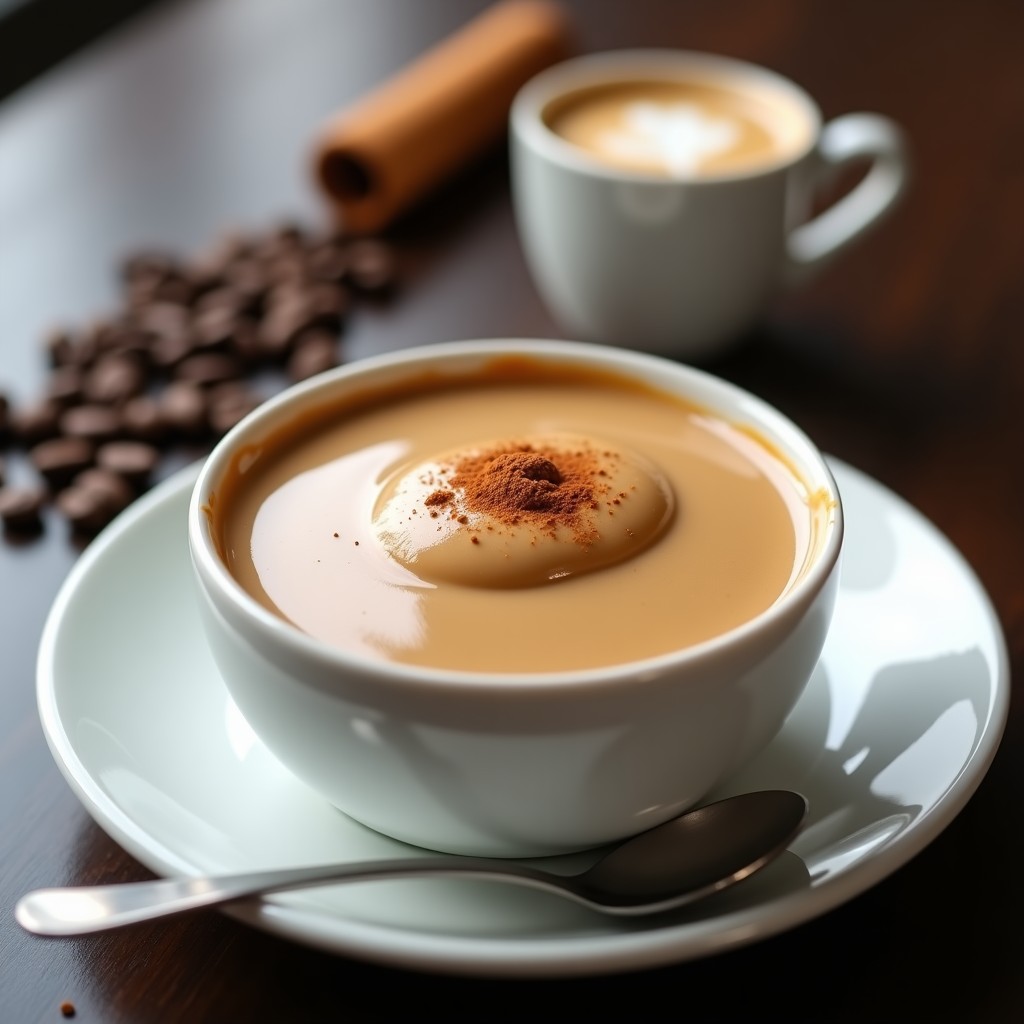 Cuenco de porcelana blanca con crema pastelera proteínada de café, textura sedosa y color beige claro, espolvoreada con canela y acompañada de una cuchara de plata. Fondo borroso con granos de café.