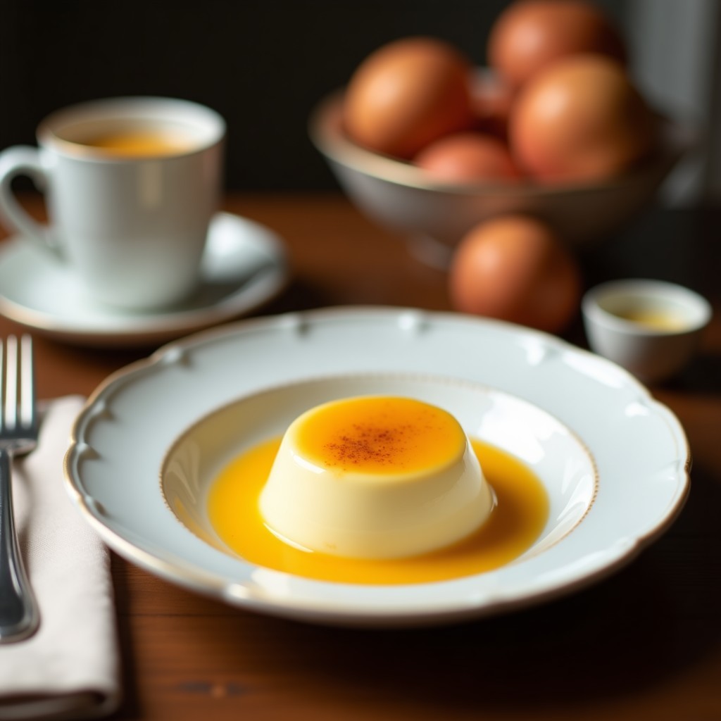 Cuenco de porcelana blanca con crema pastelera proteinada de vainilla, espolvoreada con canela, junto a una cuchara de madera y una vaina de vainilla abierta.