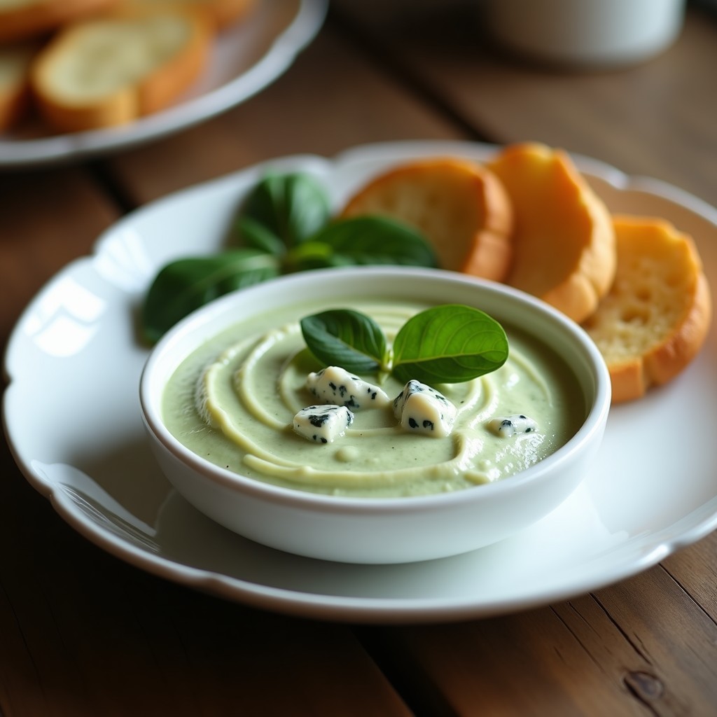 Crema pastelera salada de espinacas y gorgonzola en cuenco blanco, con textura ultracremosa y trocitos de queso azul visibles, servida con tostadas doradas.