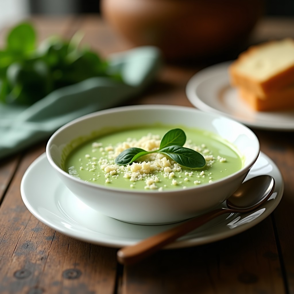 Bol de porcelana blanca con crema pastelera salada de espinacas y parmesano, textura sedosa y color verde suave, espolvoreada con parmesano rallado y decorada con hojas de espinaca fresca.