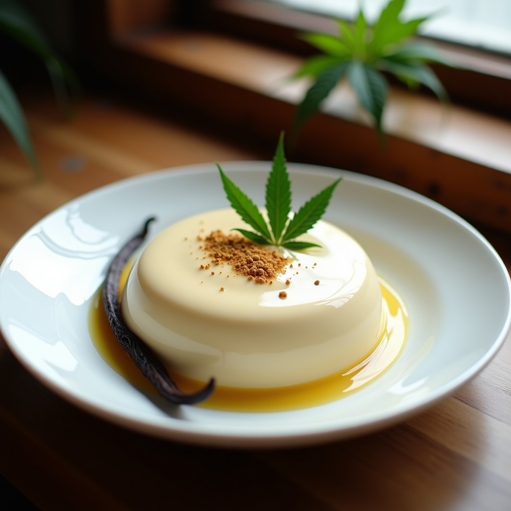 Tazón de porcelana blanca con crema pastelera de vainilla y cannabis, textura sedosa y color crema claro, decorada con una rama de vainilla y hojas de cannabis al lado.