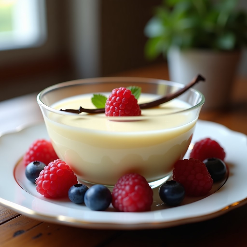Bol de cristal transparente con crema pastelera de vainilla probiótica, lisa y brillante, decorada con una ramita de vainilla y frutos rojos frescos al lado.