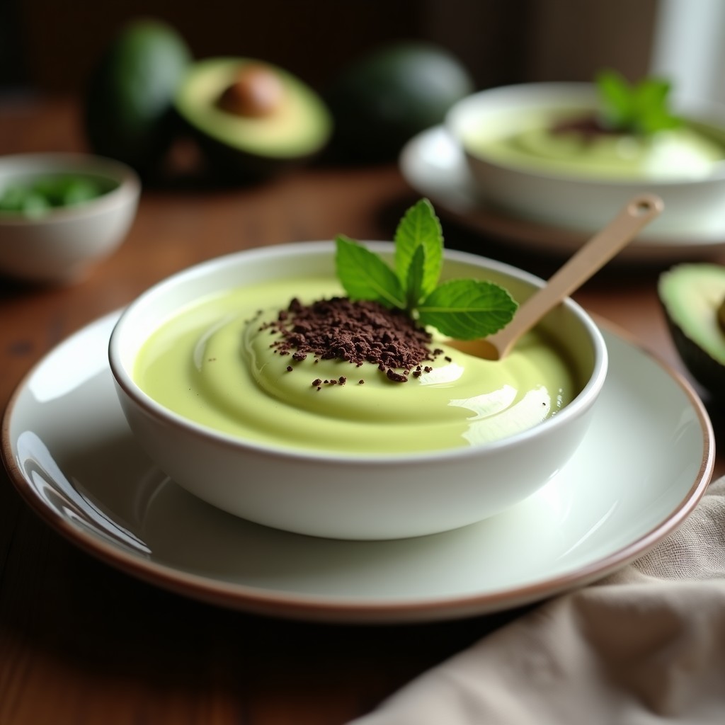 Cuenco de porcelana blanca con crema pastelera vegana de aguacate, color verde suave, decorada con virutas de chocolate negro y hojas de menta, sobre fondo rústico de madera.