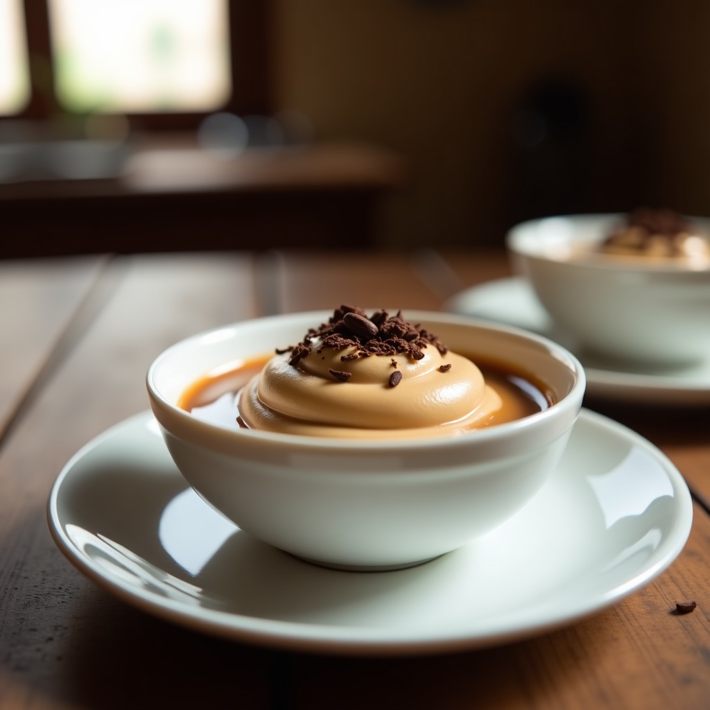 Cuenco de porcelana blanca con crema pastelera vegana de café, textura sedosa y color crema intenso, decorada con granos de café y virutas de chocolate negro sobre fondo rústico de madera.