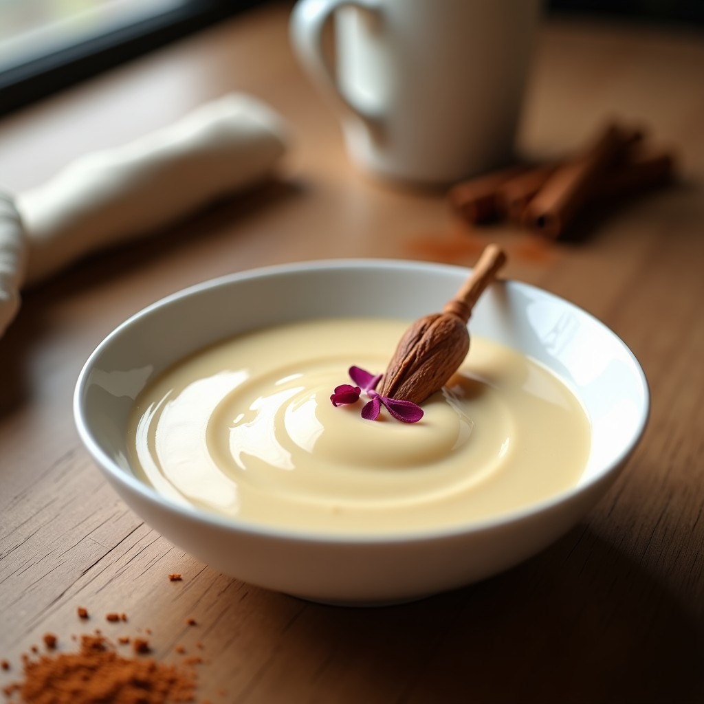 Cuenco de porcelana blanca con crema pastelera vegana sin azúcar, textura sedosa y color marfil, decorada con una ramita de vainilla y pétalos de rosa comestibles.