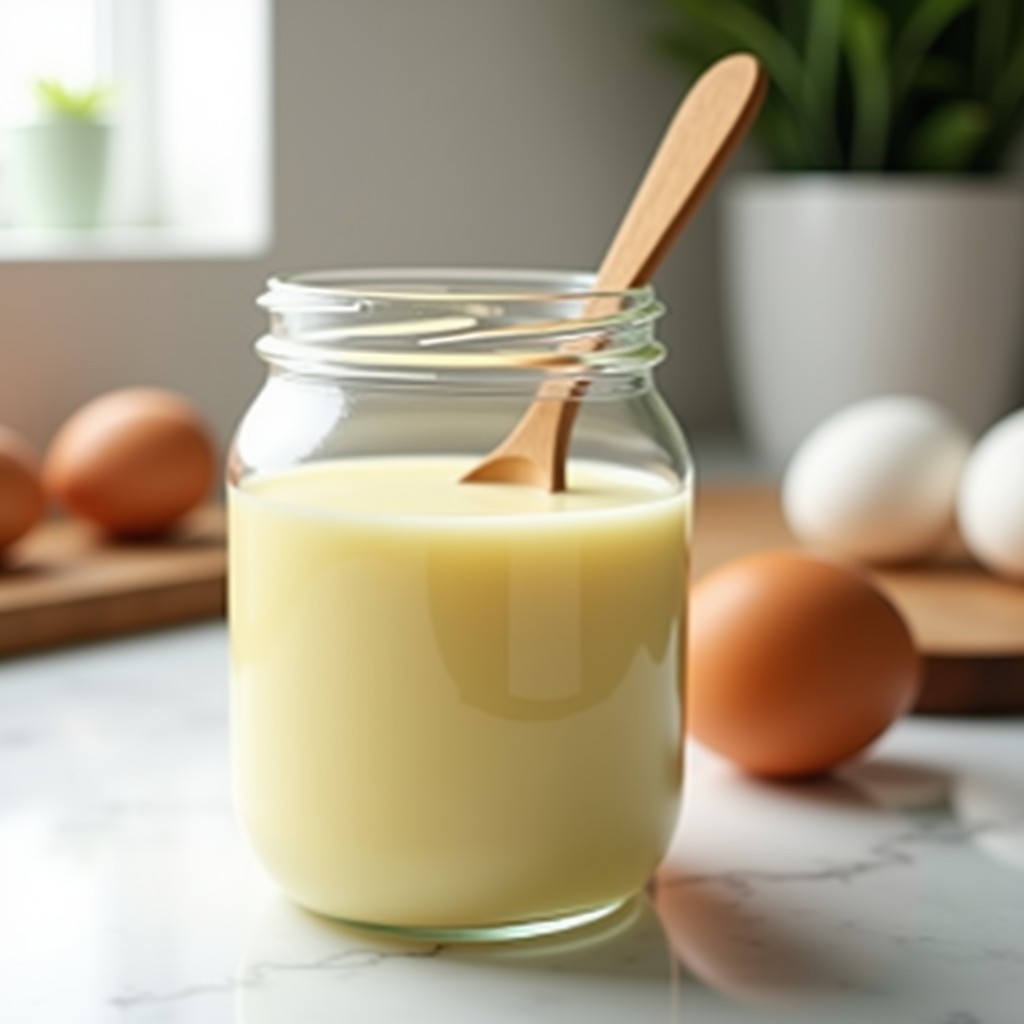 Frasco de vidrio transparente lleno de crema pasteurizada de huevos de color amarillo pálido, sobre fondo blanco con cucharita de madera.
