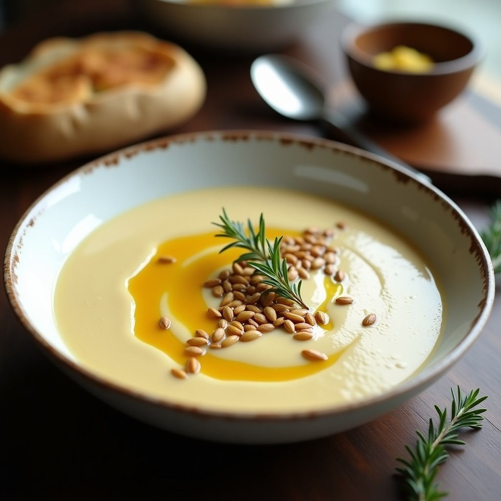 Cuenco de cerámica blanca con crema de pastinaca ahumada en airfryer, textura sedosa y color beige dorado, decorada con hilo de aceite de oliva y semillas de calabaza tostadas sobre fondo rústico de madera.