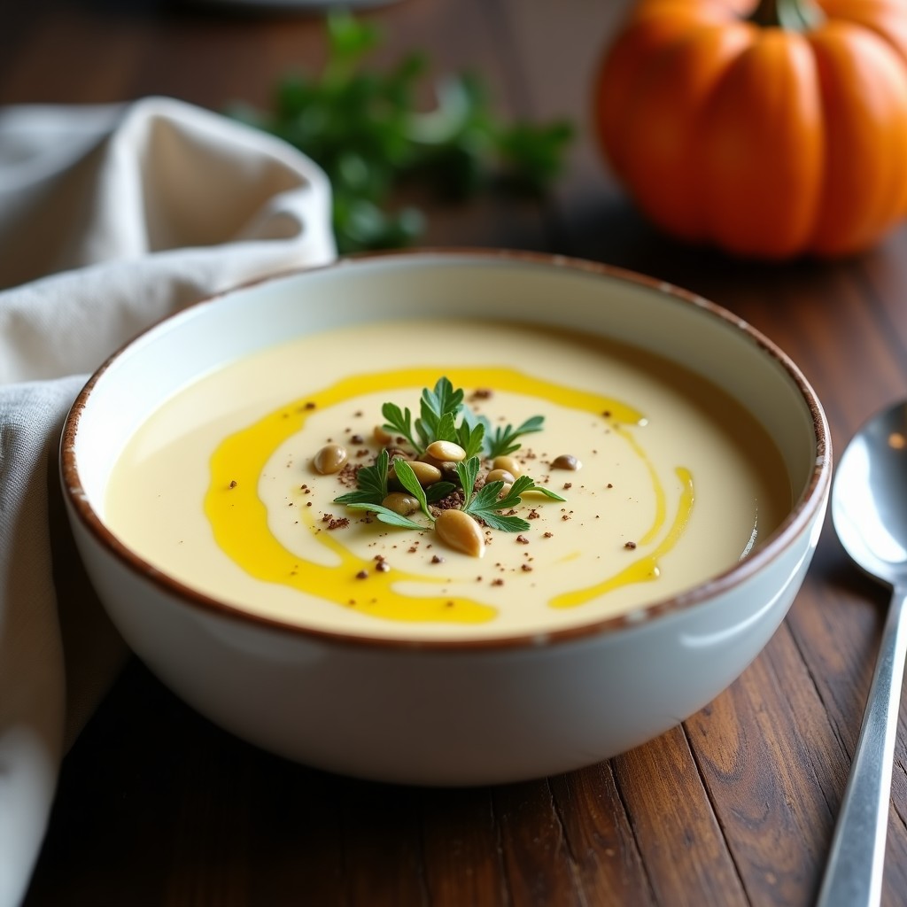 Cuenco blanco con crema de pastinaca ahumada en Thermomix, textura sedosa y color beige claro, decorada con hierbas frescas y un hilo de aceite de oliva virgen extra.