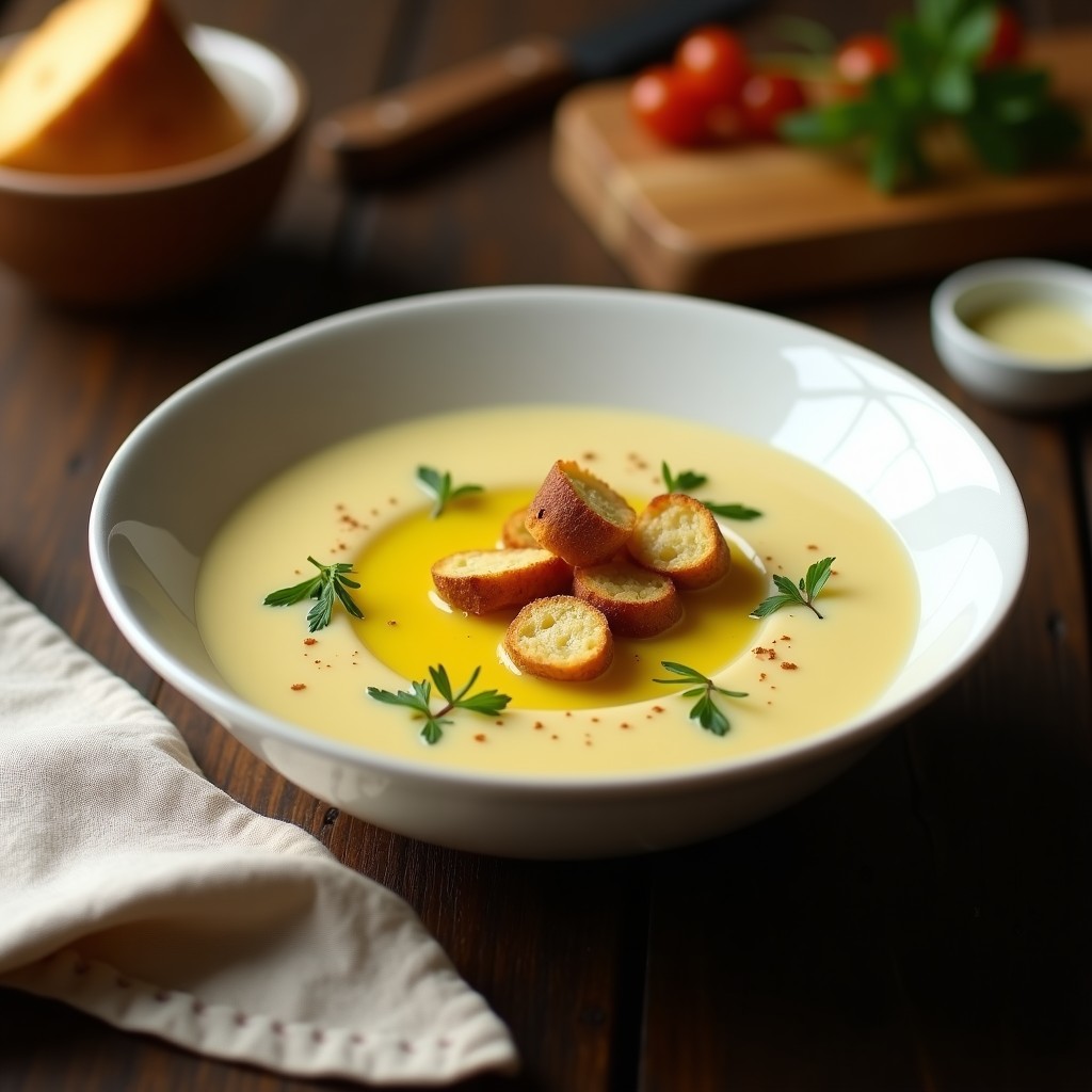 Cuenco blanco de cerámica con crema de pastinaca humeante, coronada con cubos de pan integral dorado y crujiente, perejil fresco picado y un hilo de aceite de oliva virgen extra.