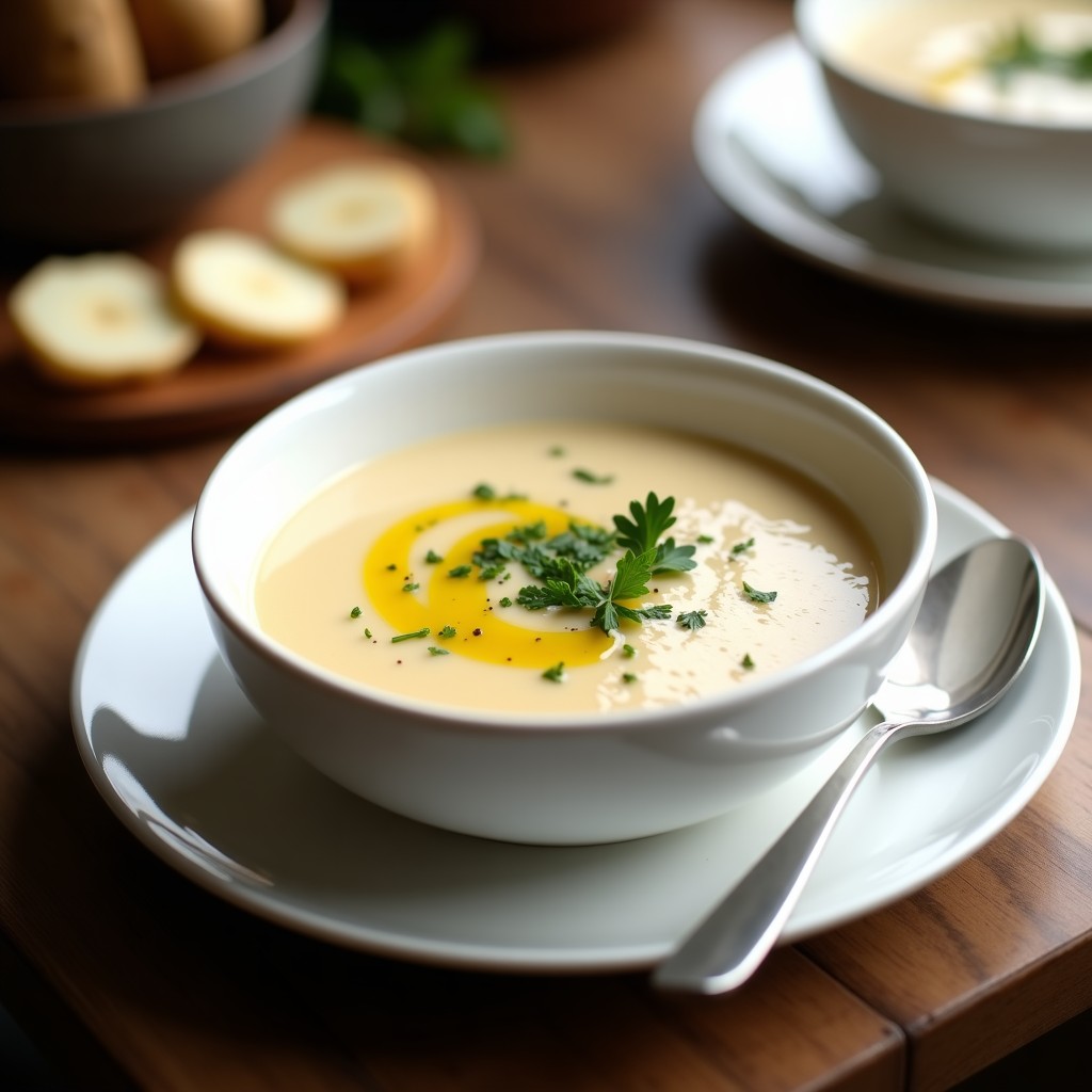 Cuenco blanco con crema de pastinaca y ajo negro, decorada con perejil fresco y un hilo de aceite de oliva, sobre fondo de madera rústica.