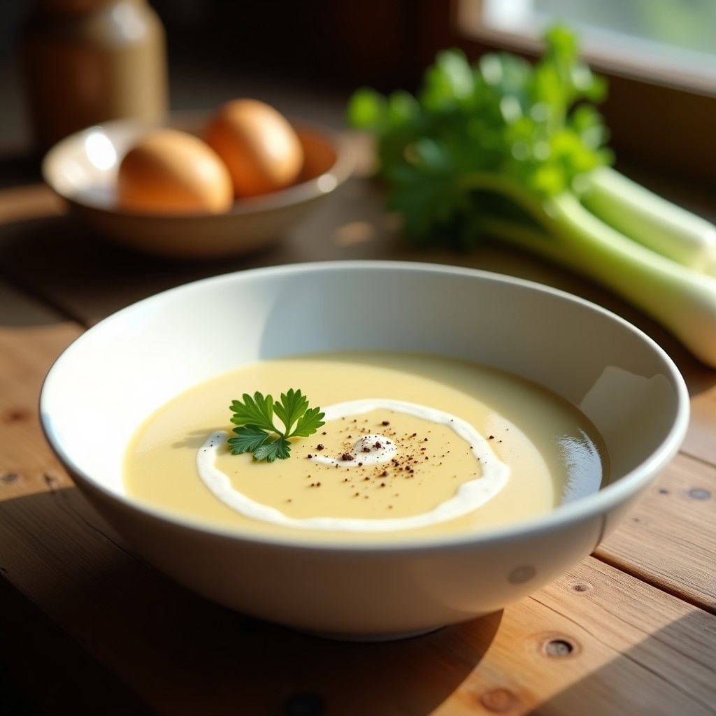 Cuenco de cerámica blanca con crema de pastinaca y apio, decorada con un hilo de nata líquida y pimienta negra, sobre fondo de madera rústica.