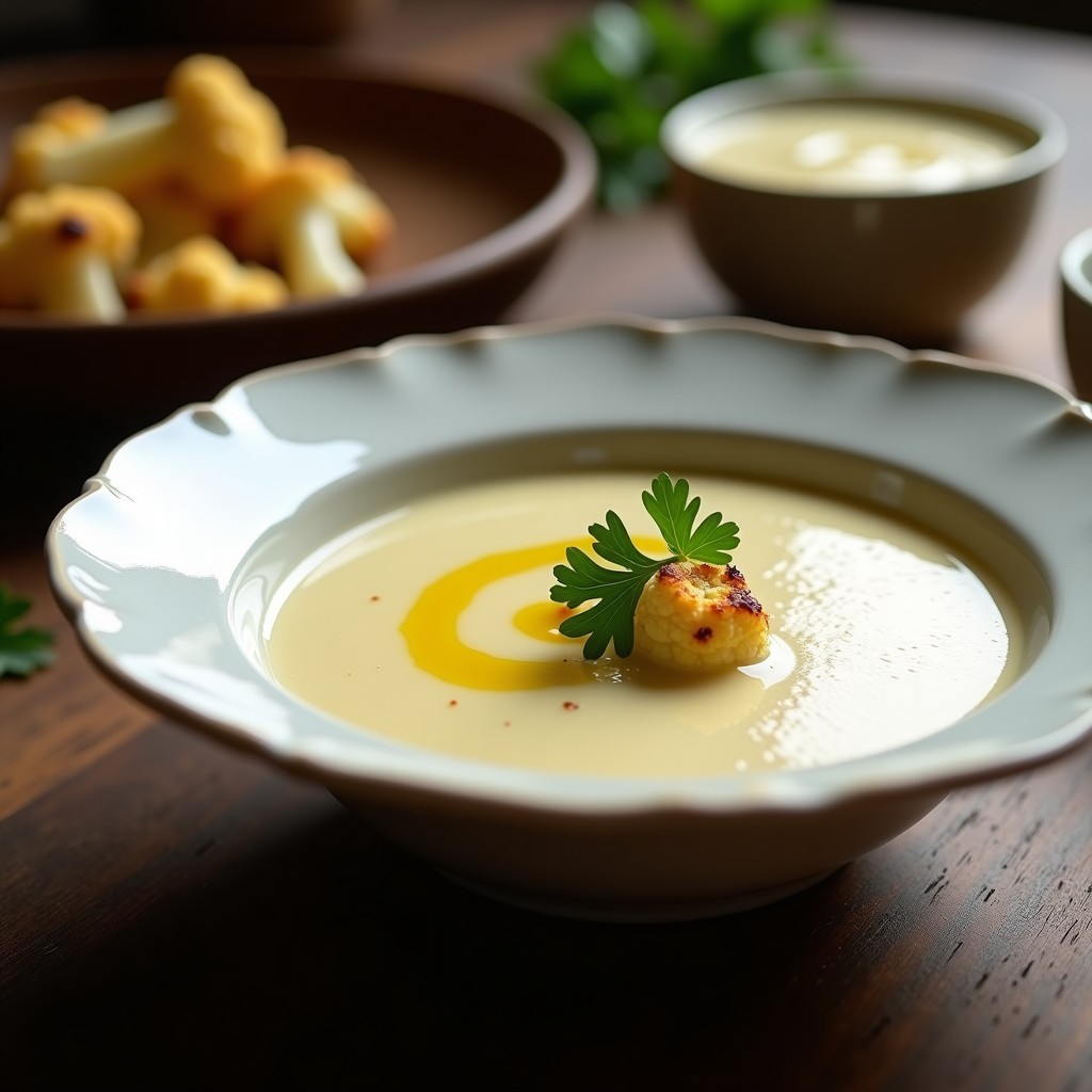 Crema de pastinaca y coliflor al horno servida en un bol blanco, con textura sedosa y color beige claro, decorada con perejil fresco y un hilo de aceite de oliva.