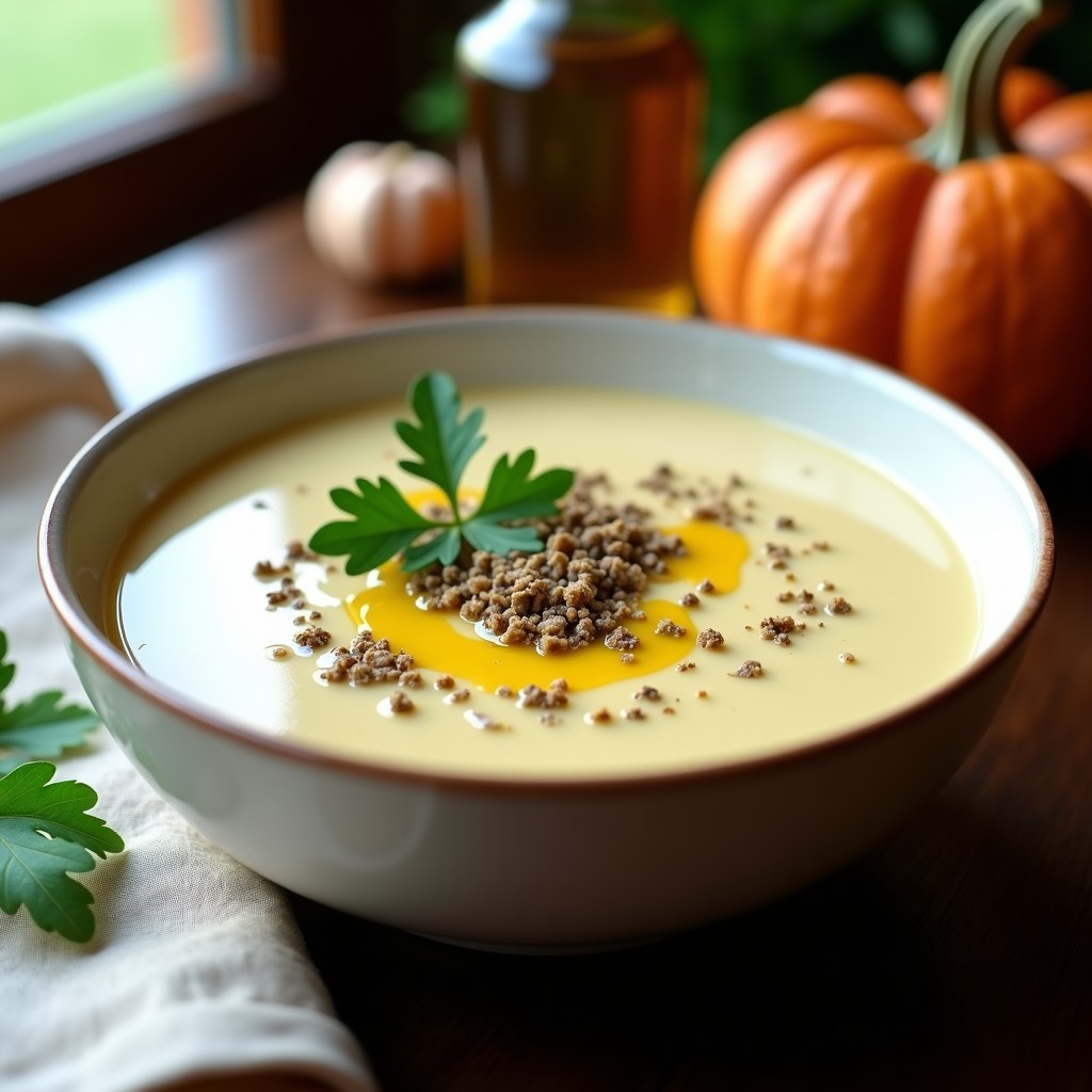 Cuenco blanco con crema de pastinaca y coliflor de color beige, decorada con perejil picado y un hilo de aceite de trufa negra, sobre un mantel rústico de lino.
