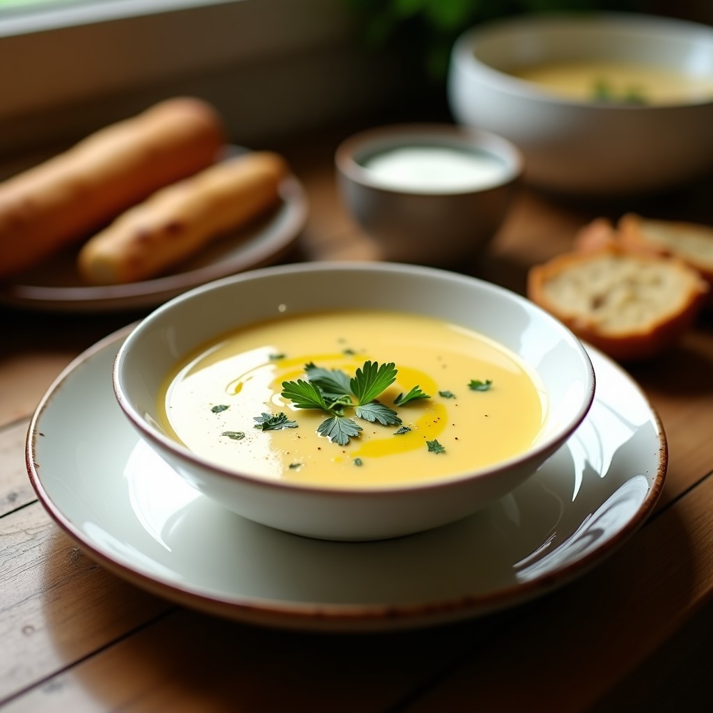 Cuenco blanco con crema de pastinaca asada al horno, decorada con perejil fresco y un hilo de aceite de oliva, sobre fondo rústico de madera.