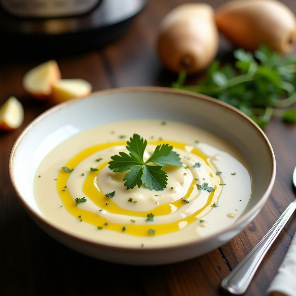 Cuenco blanco con crema de pastinaca y jengibre espesa, decorada con cilantro fresco y un hilo de aceite de oliva, servida en olla exprés sobre fondo rústico de madera.
