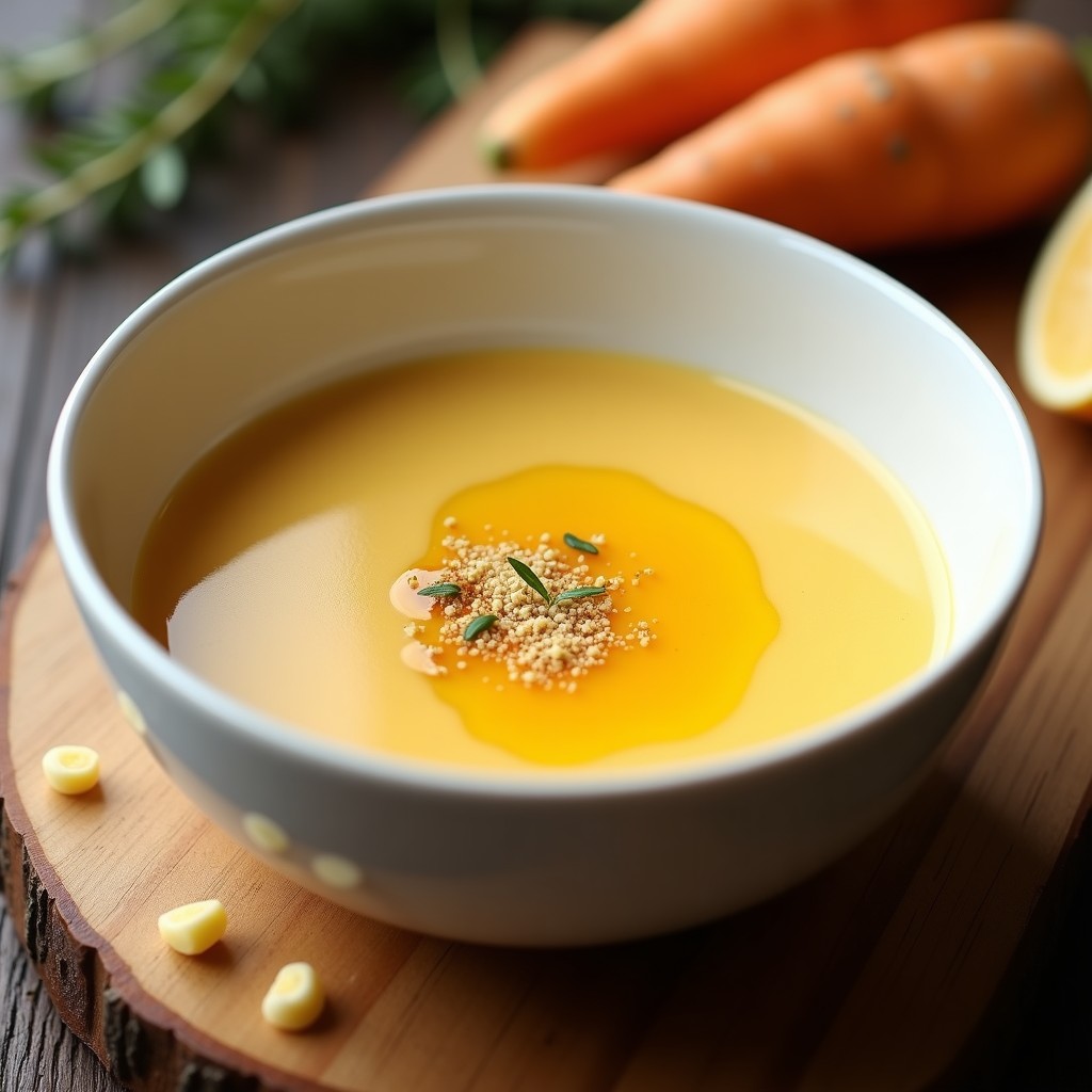 Cuenco blanco con crema de pastinaca espesa y brillante, decorada con un hilo de aceite de oliva y una pizca de nuez moscada rallada, sobre fondo rústico de madera.