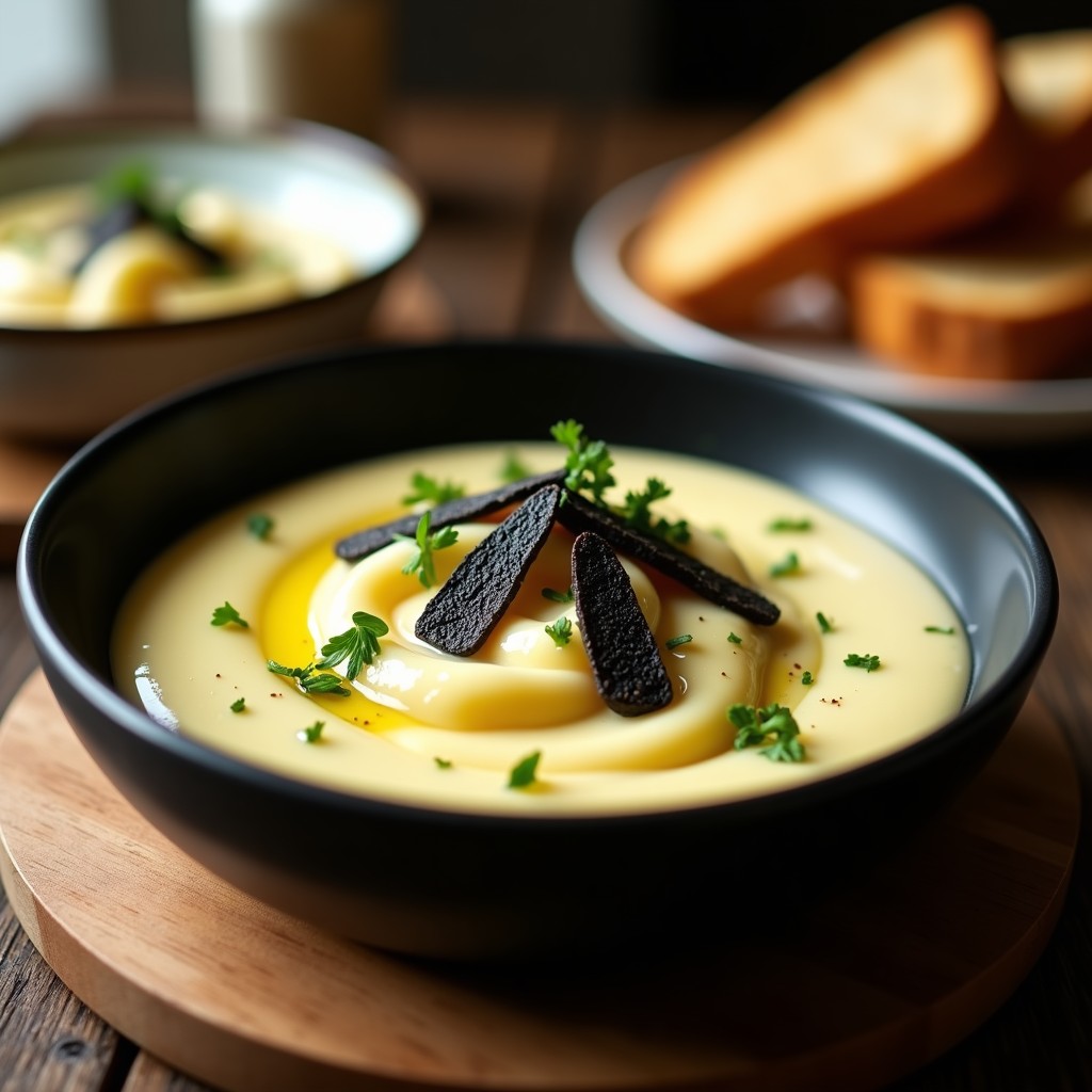 Cuenco de cerámica negra con crema de pastinaca sedosa, decorada con láminas de trufa negra, aceite de trufa y perejil fresco. Fondo de mesa rústica con pan integral tostado.