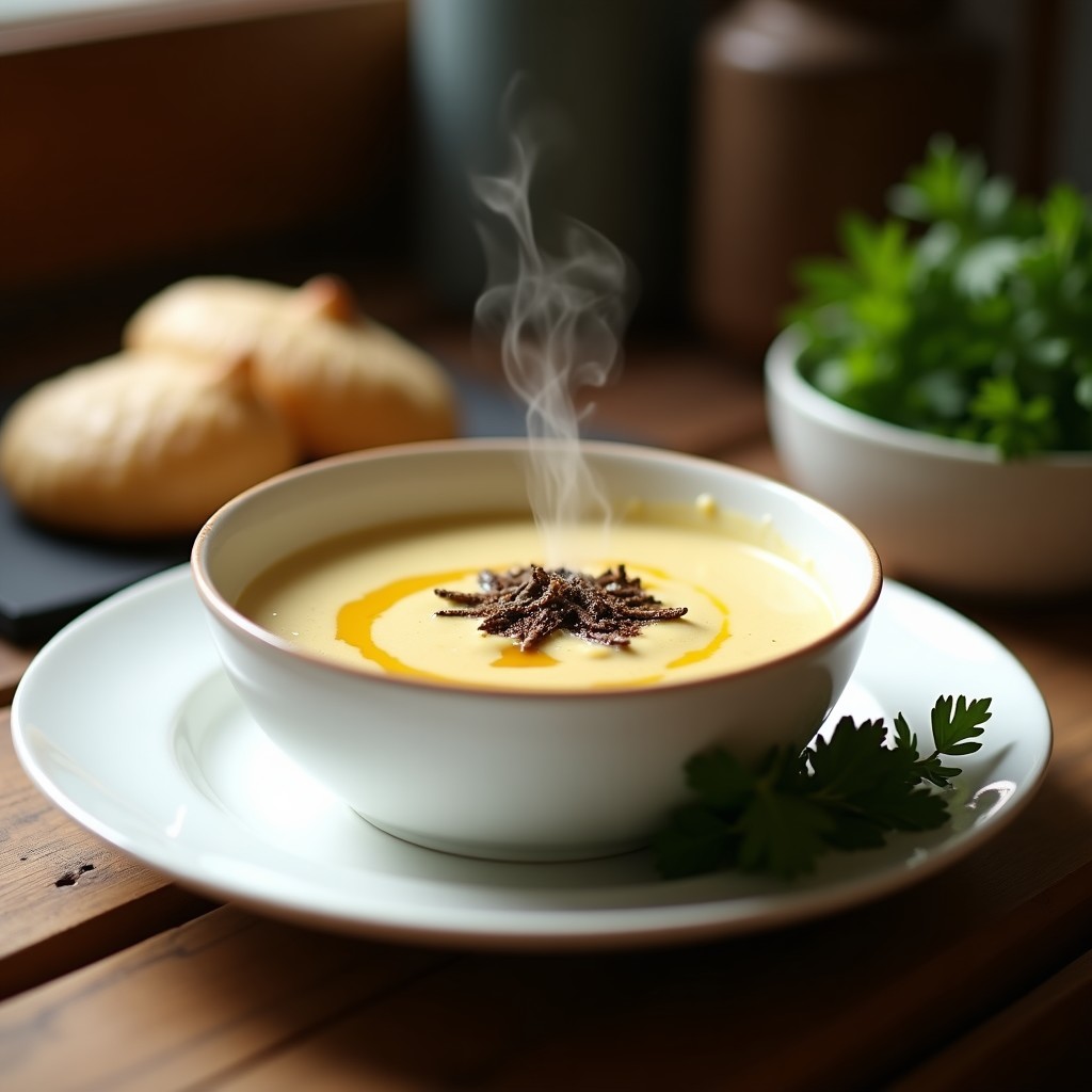 Cuenco de cerámica blanca con crema de pastinaca y trufa, textura sedosa y brillo dorado por el aceite de trufa, decorado con ralladura de trufa negra y hojas de perejil sobre fondo rústico de madera.