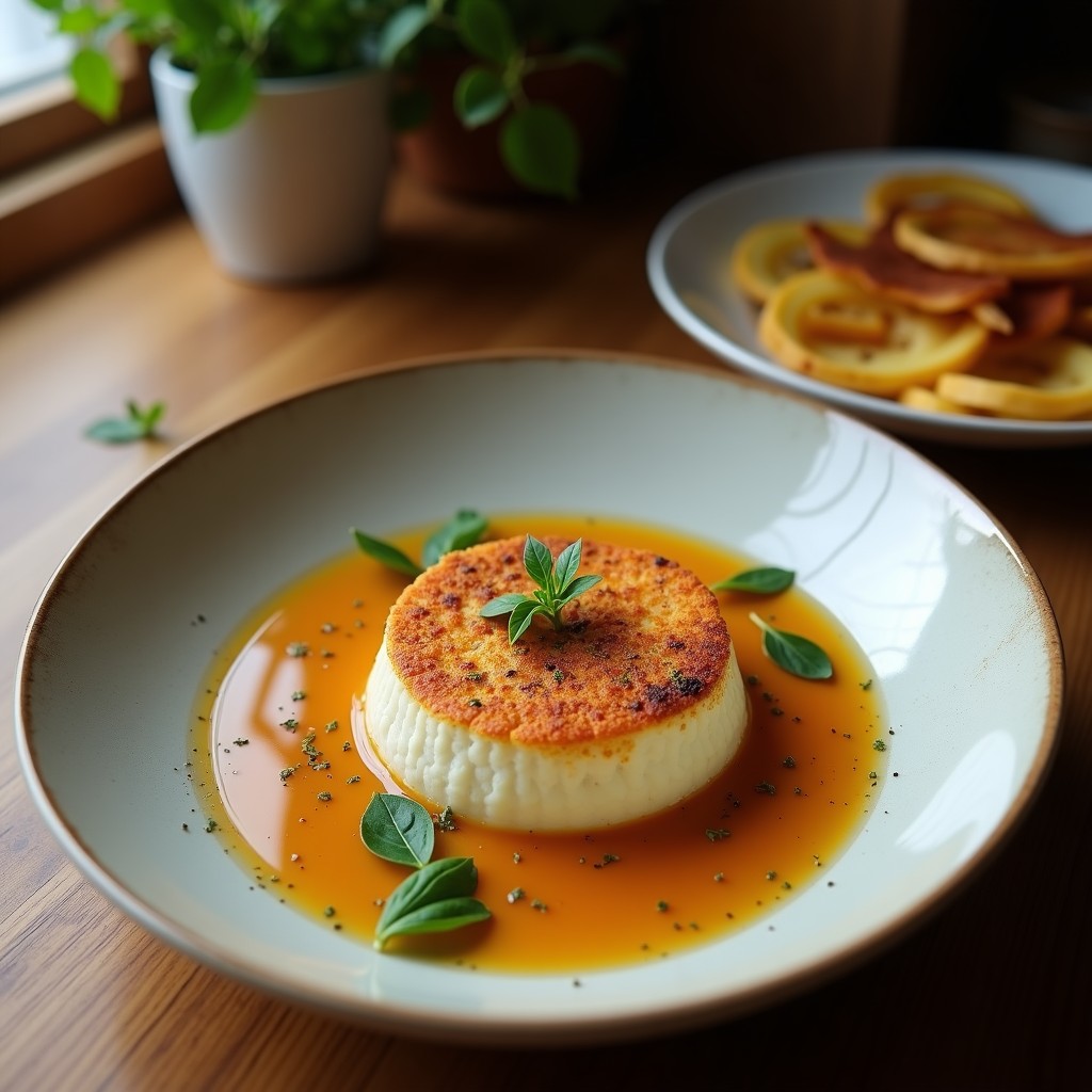Cuenco de cerámica blanca con crema de pastinaca al zaatar, decorada con un hilo de aceite de oliva, zaatar espolvoreado y hojas de hierbabuena fresca, sobre un fondo rústico de madera.