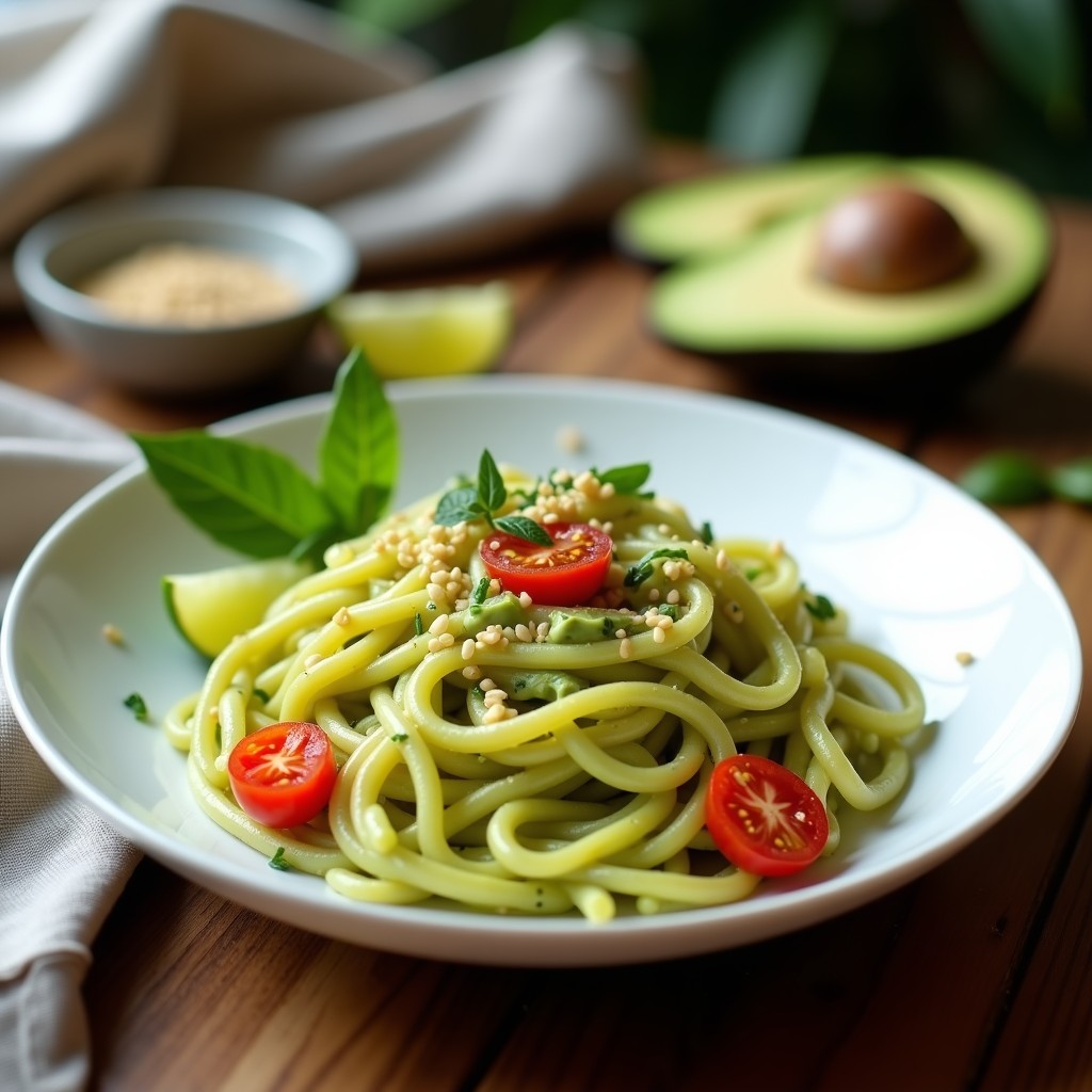 Plato blanco con crema de pasta integral bañada en salsa verde de aguacate, decorada con tomates cherry cortados, semillas de sésamo y rodajas de lima, receta vegana rápida.